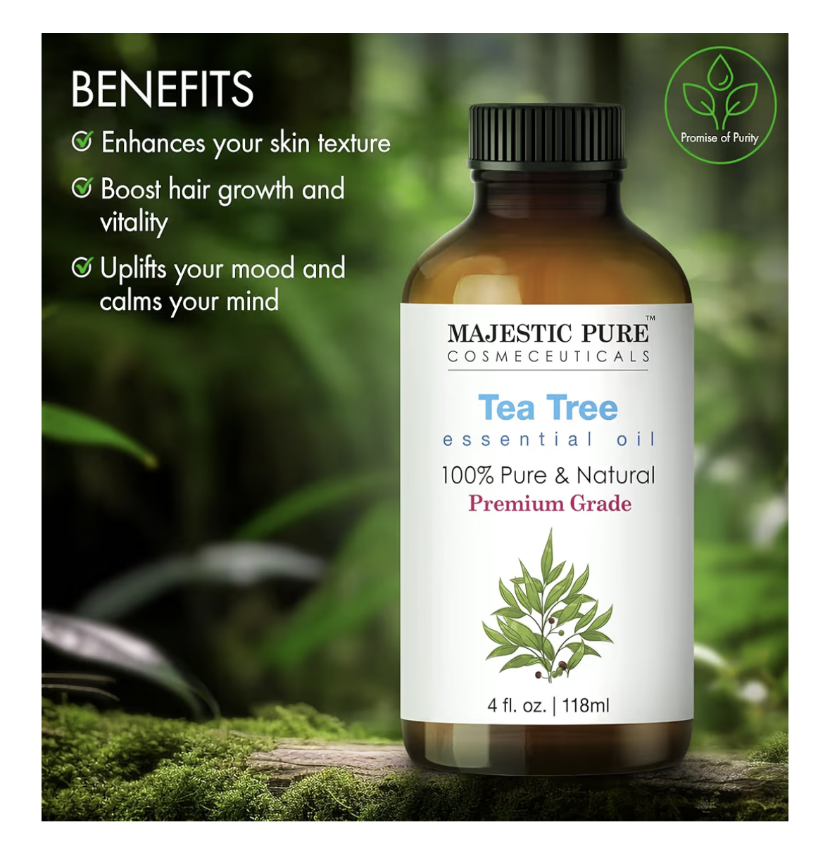 MAJESTIC PURE Tea Tree Essential Oil – Large 118 ml Bottle | 100% Pure & Natural | Premium Grade Essential Oil for Hair Care, Skin, Aromatherapy, Diffusers, Massage & Humidifiers