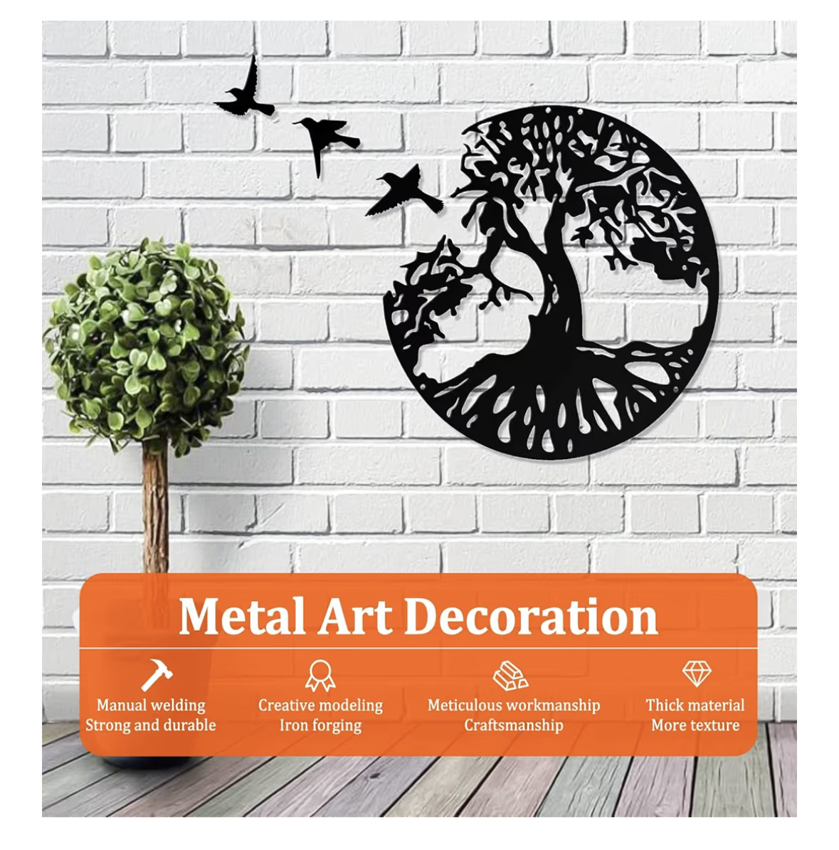 NALACAL Tree of Life Metal Wall Art with 3 Pcs Birds, 4 Pcs Black Metal Wall Decorative Art with 3 Pcs Birds for Living Room, Bathroom, Kitchen (12 inches Black)