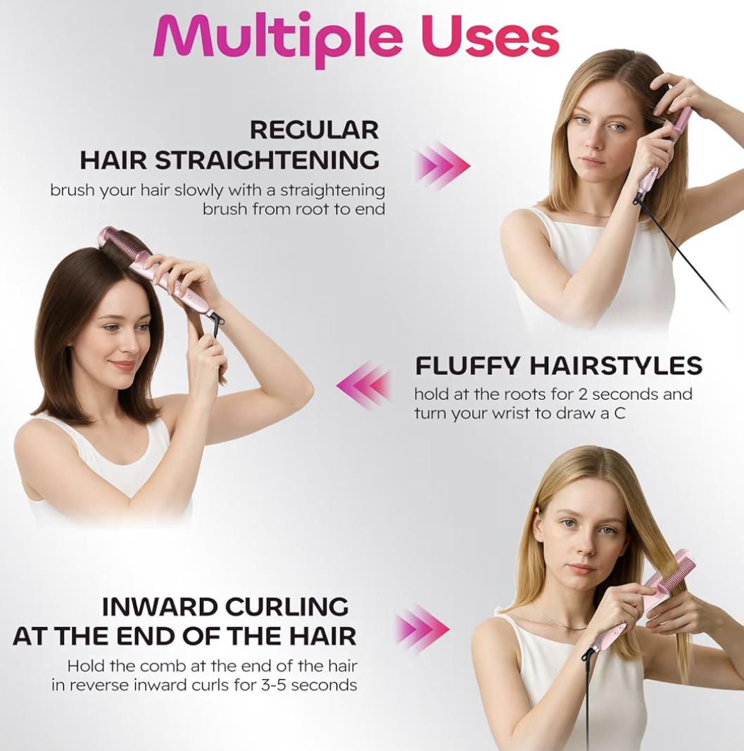 Steam Hair Straightener Brush, 3 in 1 Hair Straightening Brush with 4 Temperature Adjust, Anti Scald Ceramic Hair Straightening Comb Fast Heating for Home, Reduces Damage, Nourishes Hair