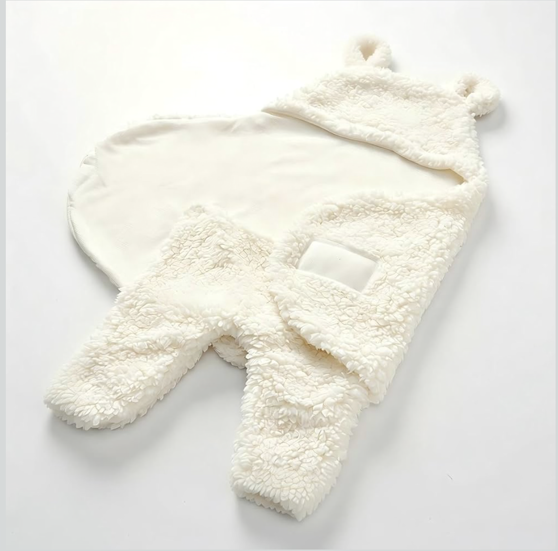 Baby Swaddle Wrap, Newborn Sleeping Bag Blanket, Bear Design with Ears, 100% Breathable Cotton, White, 0-6 Months, 68.5x61 cm
