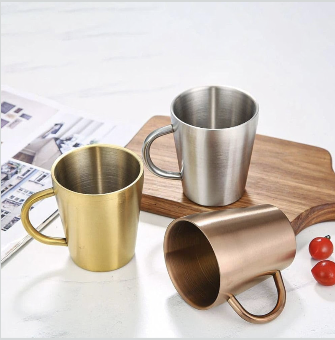 Home Double-Layer With Handle 304 Stainless Steel Water Cup 300ml Dining Drinkware Mugs Coffee Mugs(Gold)