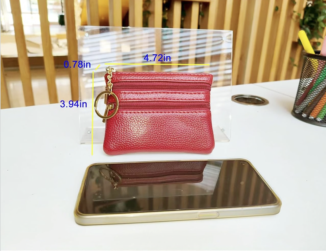 Coin Purse, Women'S Leather Zip Compact Wallet - Mini Pouch Change With Keychain Pocket Organizer For Cards, Cash, Id, Red, Purse