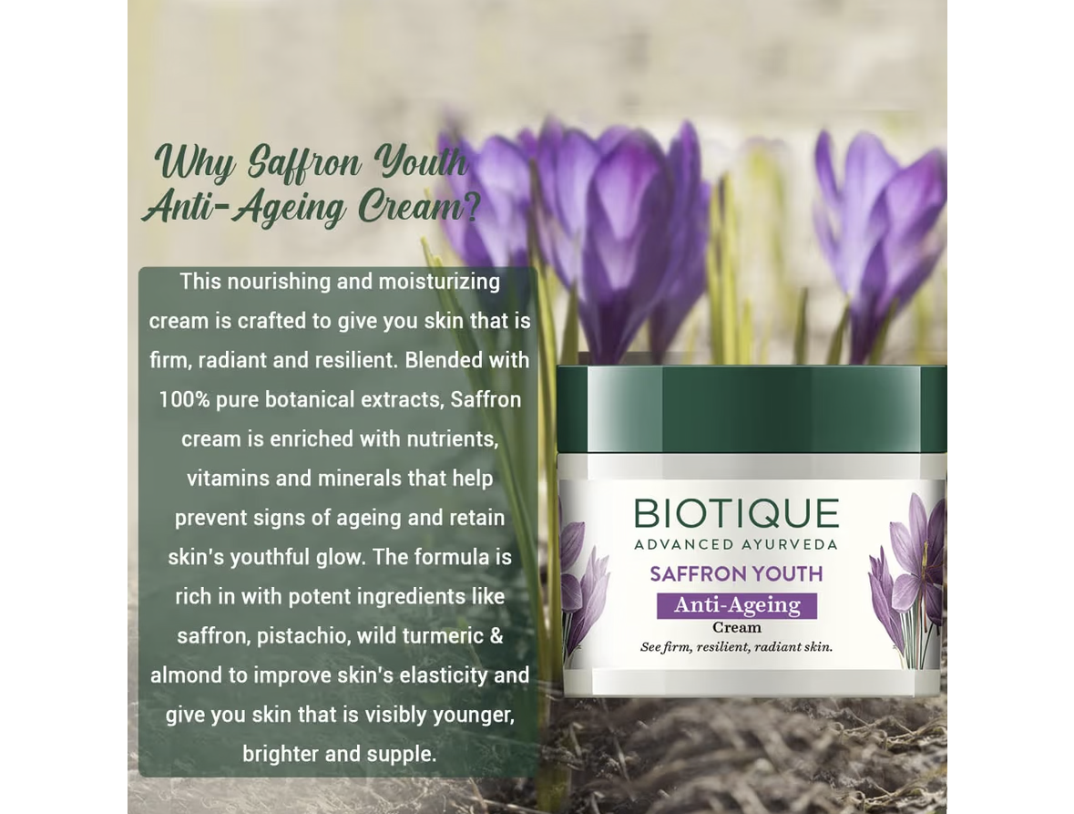 Biotique Saffron Youth Dew Visibly Age Less moisturizer 50 gm/ 1.76 Oz. I For All Skin Type I See Firm, Resilient, Radiant Skin I Prevents Dark lines And Premature Aging