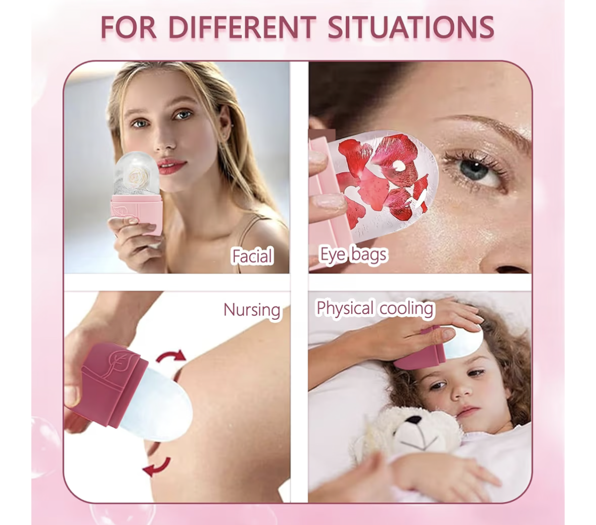 2PCS Ice Cube Roller Massager for Face, Eyes & Neck, Skin Care Tool, De-Puffing Eye Bags, Migraine Relief, Reusable Ice Mold for Face Massage (Rose Red & Pink)