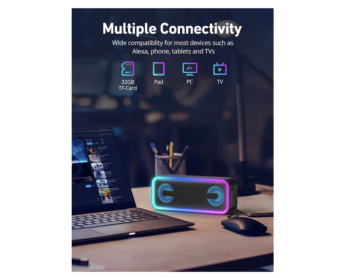 Portable Bluetooth Speaker, 20W Deep Bass Wireless Speaker with RGB Lights, IPX5 Waterproof, 18H Playtime, Bluetooth 5.3, TWS Pairing, Hi-Fi Stereo Sound for Outdoor, Travel, Beach & Party