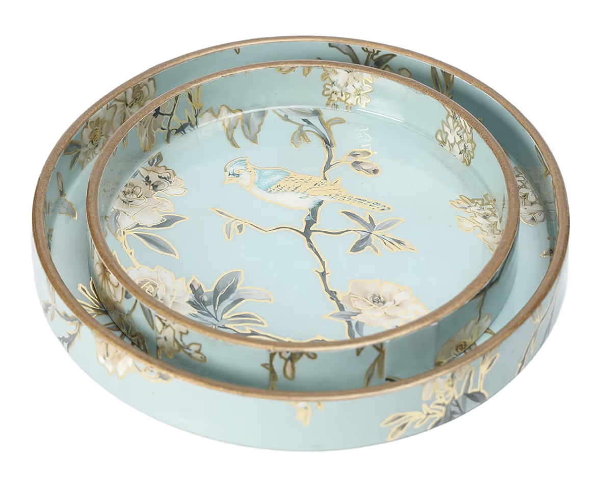 DULI Set of 2 MDF Wood Trays Enamel Coated| Round Wooden Serving Trays | Kitchen&Dining Decorative | Resin Tray | Handmade | 7x7 & 9x9 inches (Setof2Round: AquaGoldBirds)