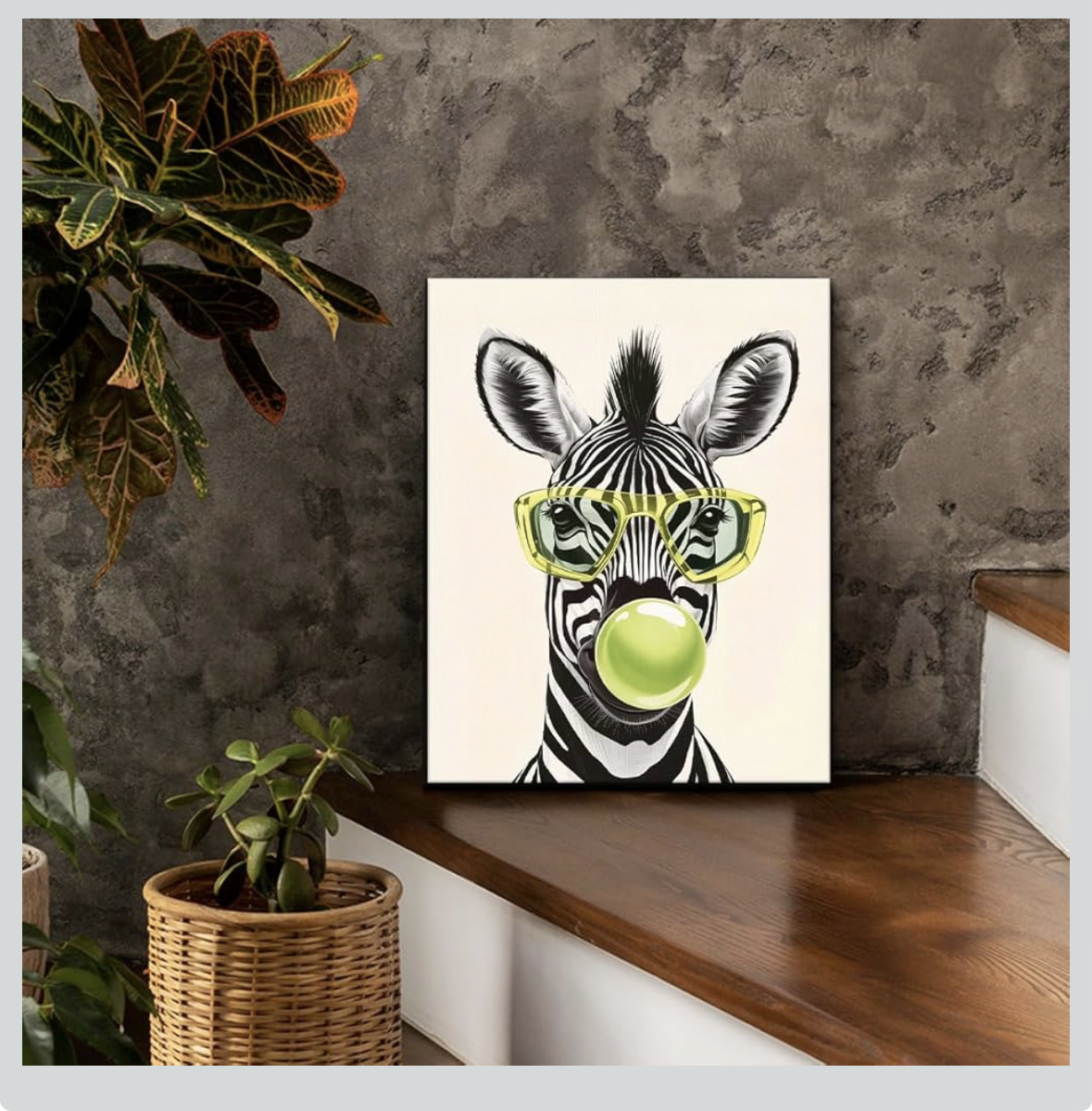 Trendy Modern Zebra Wall Art Print Stylish Zebra with Bubble Gum Poster Picture Animal Wall Decor for Home Living Room Bedroom Office 8x10 Canvas Framed