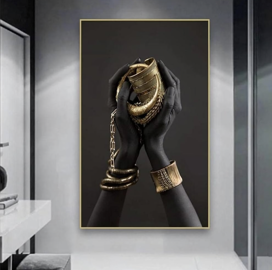 BPA® Black Woman'S Hand Print Canvas Painting Gold Jewelry Posters And Prints Cuadros African Wall Art Pictures Home Decoration Mural, 40X60Cm x3Pcs No Frame