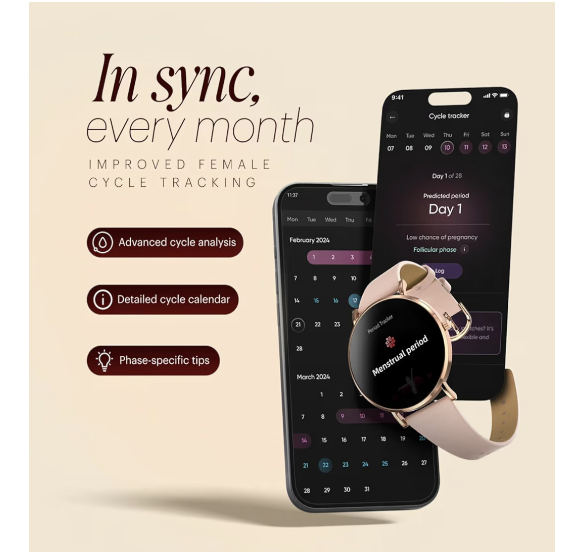 Noise Diva 2 Smartwach for Women with AI Voice Assistant, 7 Day Battery, 100+ Sport Modes, Sleep Tracking, Female Cycle Tracking, AMOLED Display, Water & Dust Resistant, 1 Year Warranty (Rose Link)