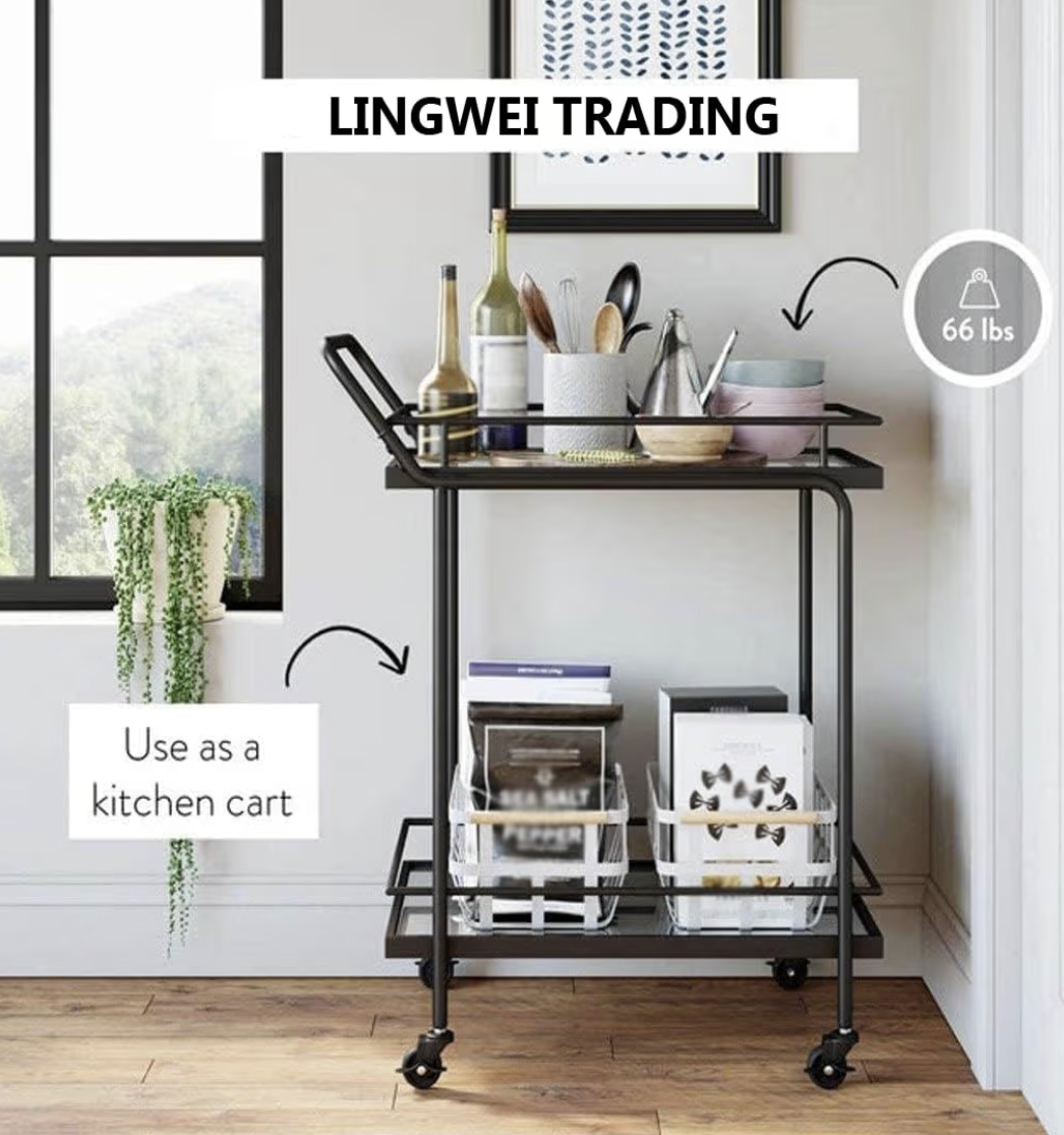 LINGWEI Premium 2-Tier Metal Bar Cart with Glass Shelves and Lockable Wheels - 1.3cm Metal Frame Elegant Serving Trolley for Home, Kitchen, Dining, Bar, and Hospitality Settings