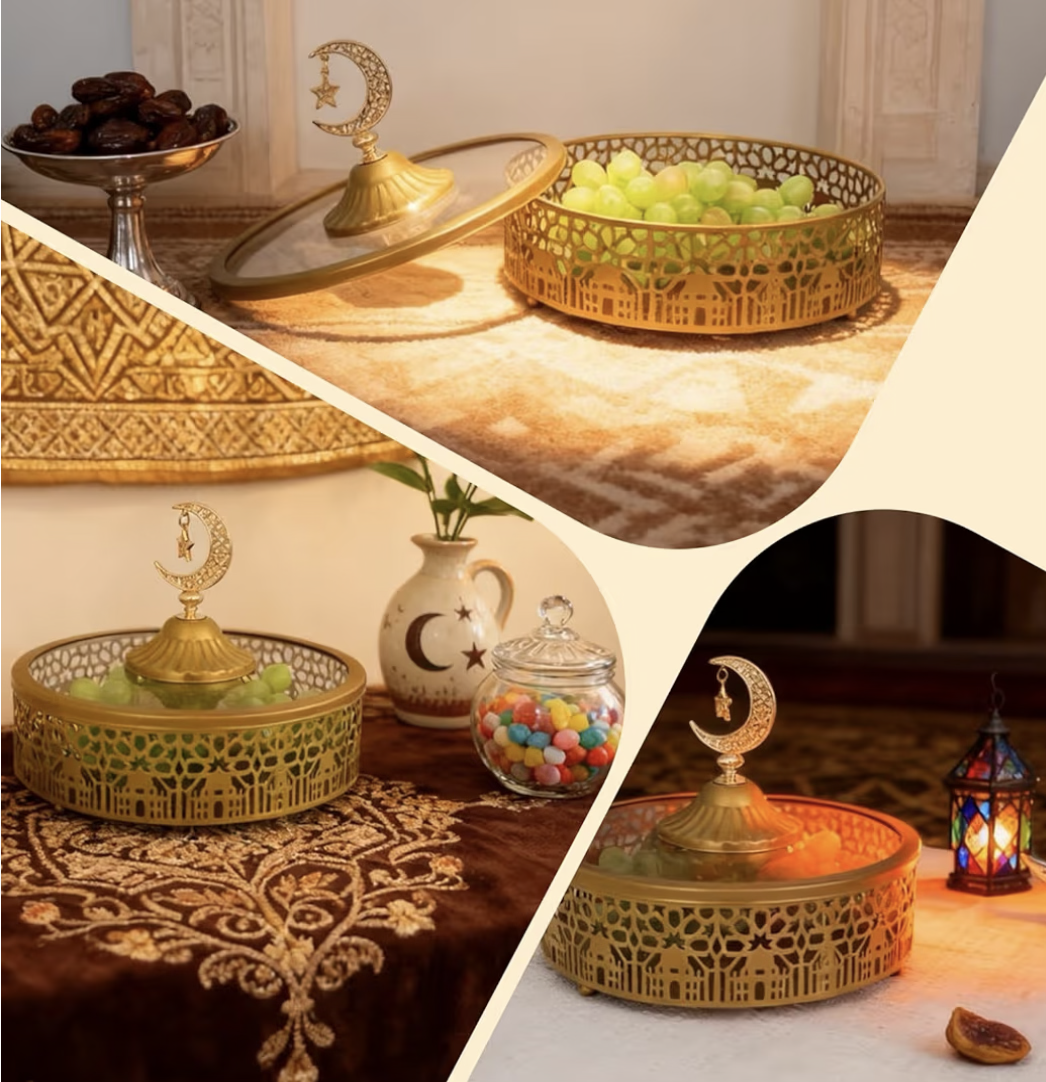 2 Pcs Ramadan Snacks Serving Tray with Lid - Metal Snacks Box for Ramadan & Eid, Handcrafted Arabian Style Serving Dish for Sweets, Nuts, Home Decor Gift