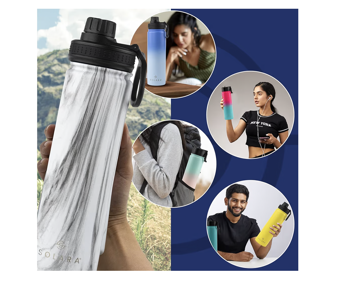 SOLARA Insulated Bottle 650ml, Hot Water Bottle, Thermosteel Water Bottle for Travel, Home, Office, School, Gym, Adults, Water Bottle Hot and Cold, Sipper Bottle, Blue Wave