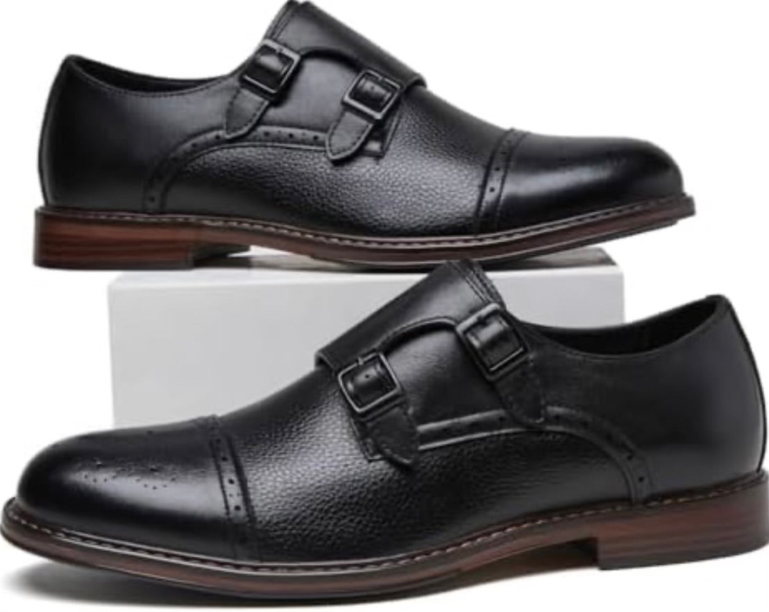 Men's Double Buckles Monk Strap Leather Dress Shoes- Brogue Design with Adjustable Buckles