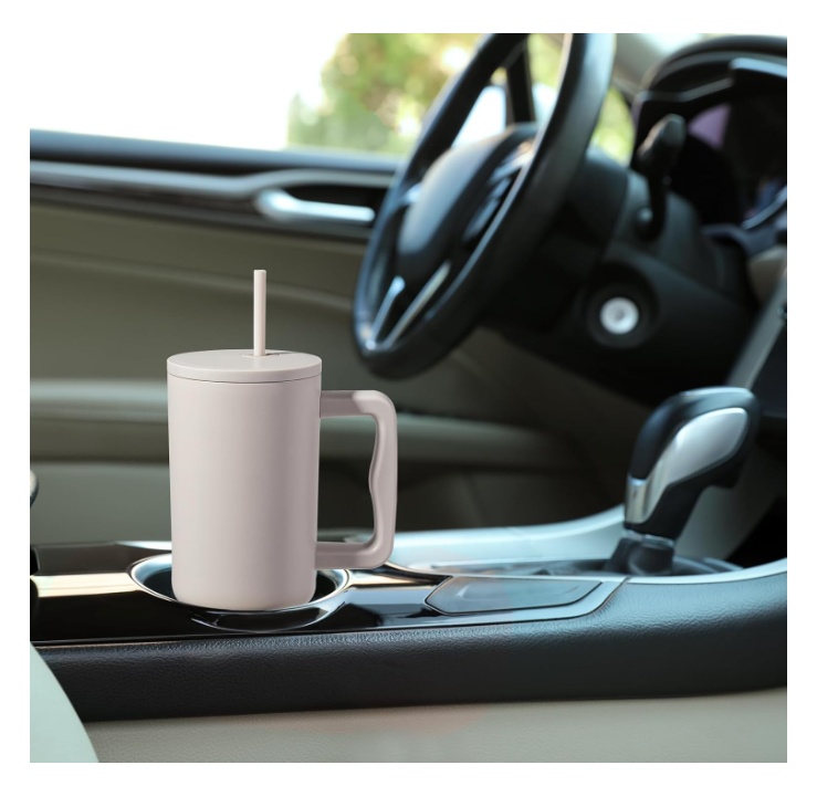 1.2L Tumbler with Straw and Handle, Insulated Cup Reusable SS Water Bottle, Cold/Hot Travel Mug with Leak Resistant Lid for Home Office Camping (Almond Birch)
