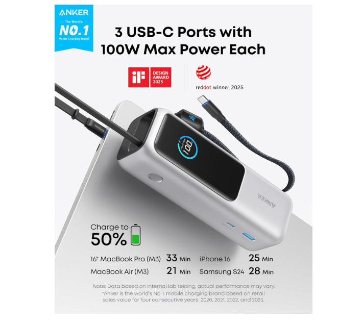Anker Power Bank 25,000 mah 165W Ultra-Fast Portable Charger for Dual Laptops, Fast Charging Battery Pack with Built-In and Retractable Cables, For iPhone 17/16 Series, Samsung, and More