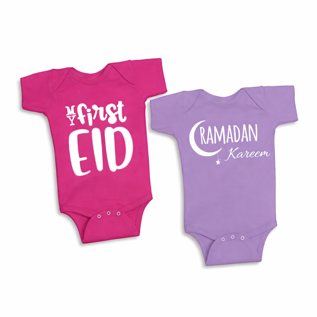 Brain Giggles My First EID بدلة أطفال ورومبر و تيشيرت رمضان مطبوع قطن برقبة مستديرة لرومبر بمناسبة شهر رمضان الكريم أو عيد الفطر أو عيد الأضحى