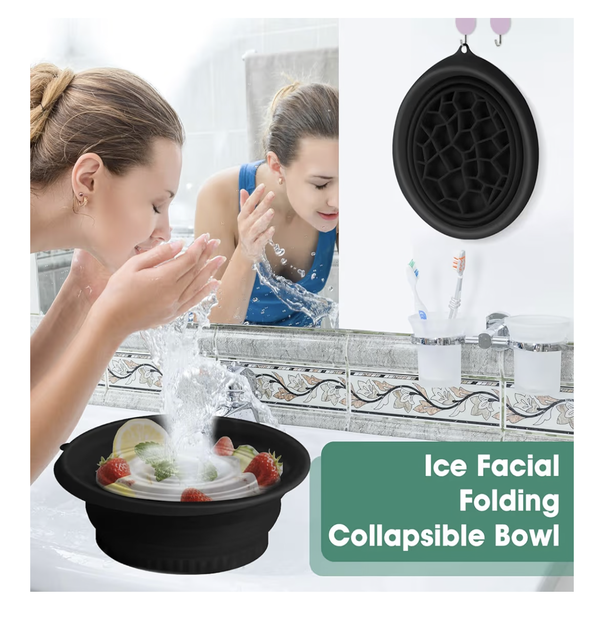 Face Bowl for Ice With Built-in Ice Tray Collapsible Silicone Facial Face Ice Bath Bowl Small Reusable Cold Plunge Basin is Portable,Perfect for Home Use,Camping,Travel Cold Bath Spa Tool & Black