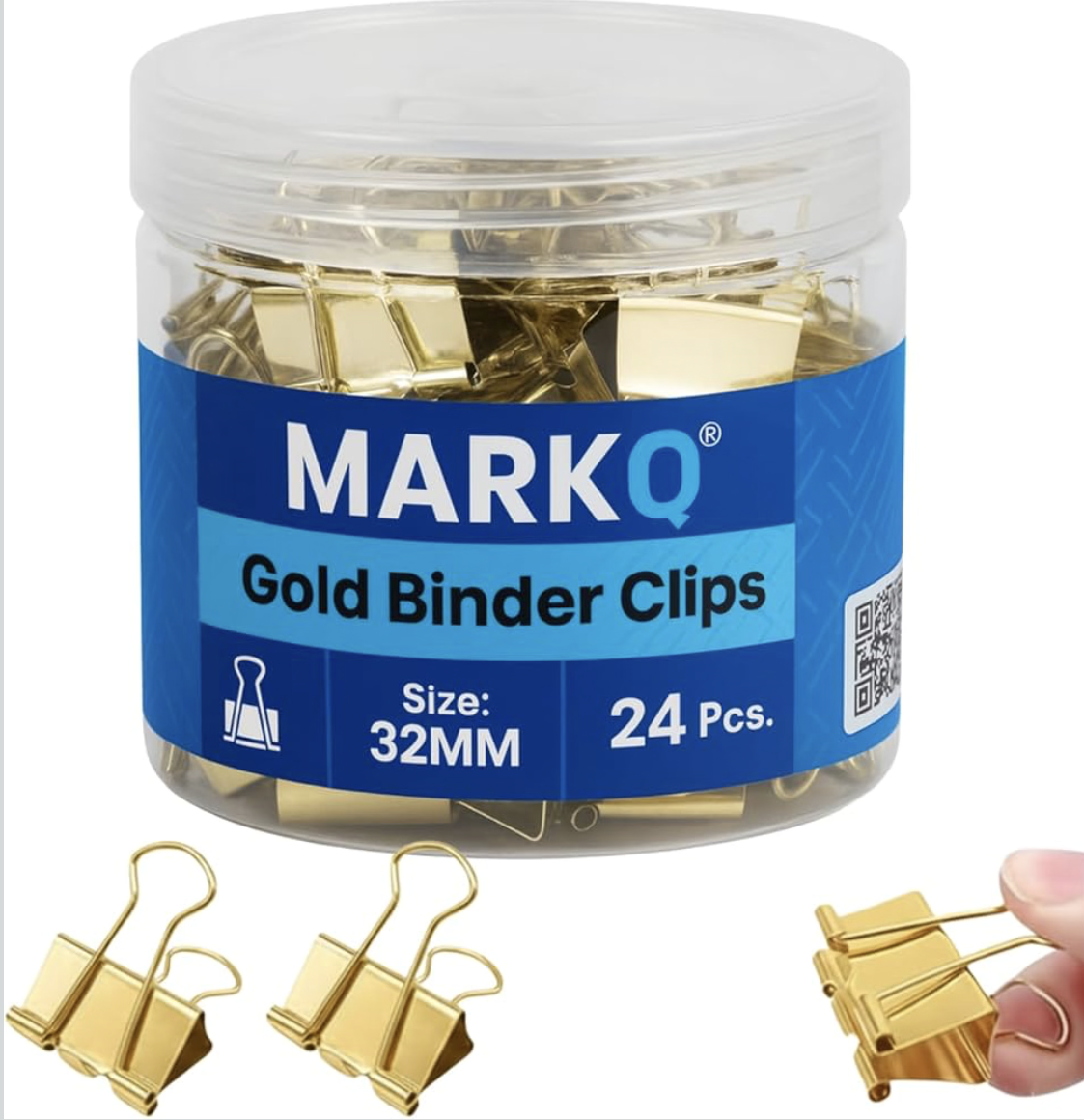 MARKQ Gold Binder Clips – Durable Metal Foldback Paper Clamps, Strong Office & School Paper Clips for Documents, Notes, and Home Organization - Medium 32mm - Pack of 24