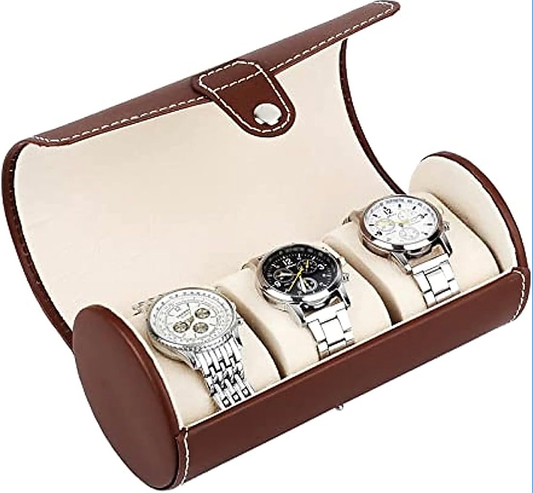 SKEIDO 3 Slots Watch Roll Travel Case Chic Portable Vintage Leather Display Watch Storage Box with Slid in Out Watch Organizers -Brown
