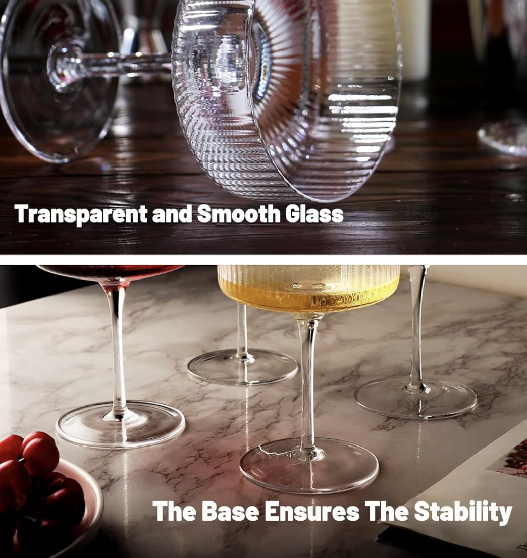 Ribbed Coupe Glasses, 6 Pcs 10 oz Vintage Cocktail Coupe Glasses Set, Unique Martini Glass, Classic Cocktail Galssware, Bar Drinking Glasses Set Pefect for Cocktail, Wine, Champagne & Gift