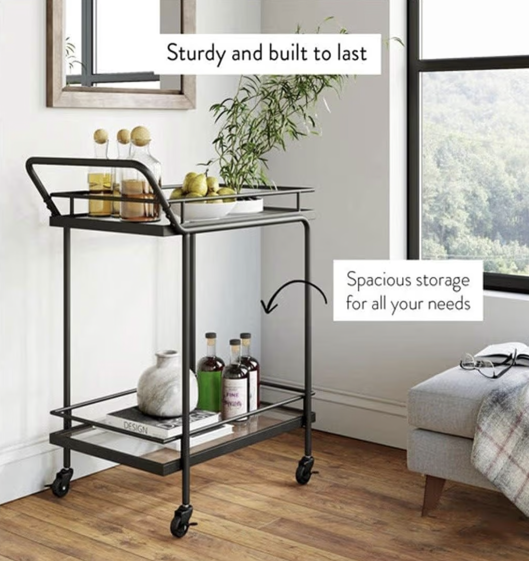 LINGWEI Premium 2-Tier Metal Bar Cart with Glass Shelves and Lockable Wheels - 1.3cm Metal Frame Elegant Serving Trolley for Home, Kitchen, Dining, Bar, and Hospitality Settings