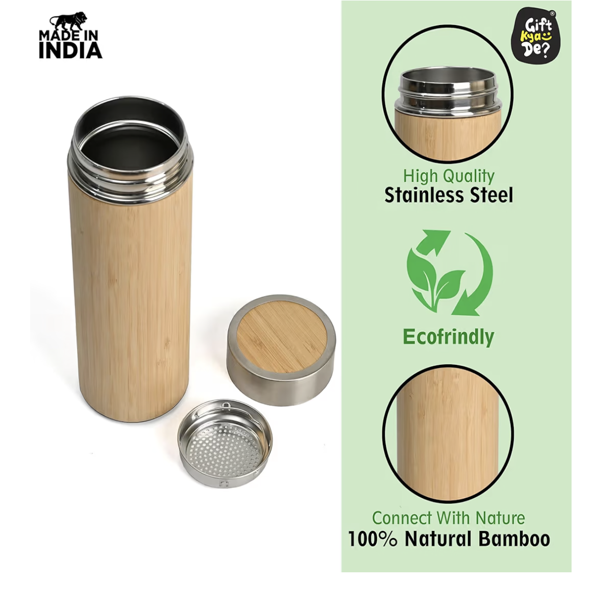 GKD Eco-Friendly Bamboo Water Bottle, Stainless Steel Flask Water Bottle/Thermos with Tea Strainer | Double Wall Vacuum Insulated | Hot & Cold