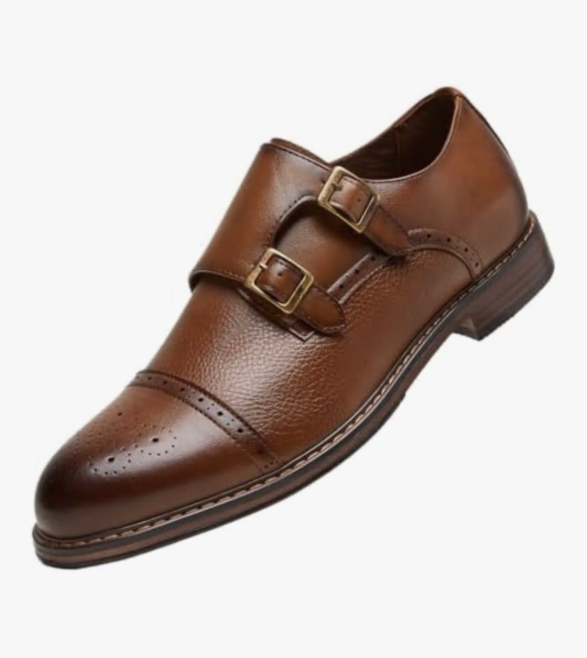Men's Double Buckles Monk Strap Leather Dress Shoes- Brogue Design with Adjustable Buckles