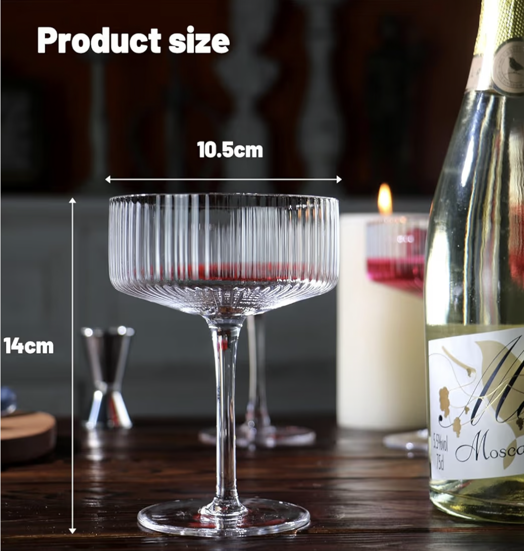Ribbed Coupe Glasses, 6 Pcs 10 oz Vintage Cocktail Coupe Glasses Set, Unique Martini Glass, Classic Cocktail Galssware, Bar Drinking Glasses Set Pefect for Cocktail, Wine, Champagne & Gift