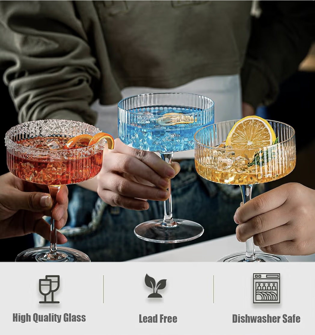 Ribbed Coupe Glasses, 6 Pcs 10 oz Vintage Cocktail Coupe Glasses Set, Unique Martini Glass, Classic Cocktail Galssware, Bar Drinking Glasses Set Pefect for Cocktail, Wine, Champagne & Gift