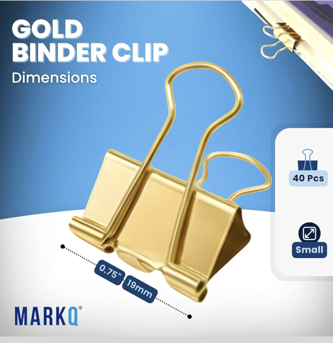 MARKQ Gold Binder Clips – Durable Metal Foldback Paper Clamps, Strong Office & School Paper Clips for Documents, Notes, and Home Organization - Small 19mm - Pack of 40