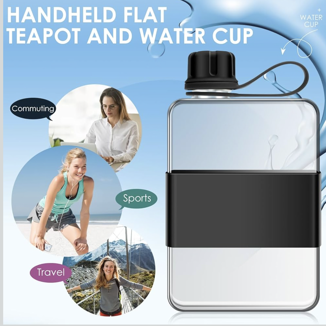 Flat Water Bottle Leak Proof Portable Slim Drinking Bottle Lightweight Large Capacity Slim Traveling Water Mug for Outdoor