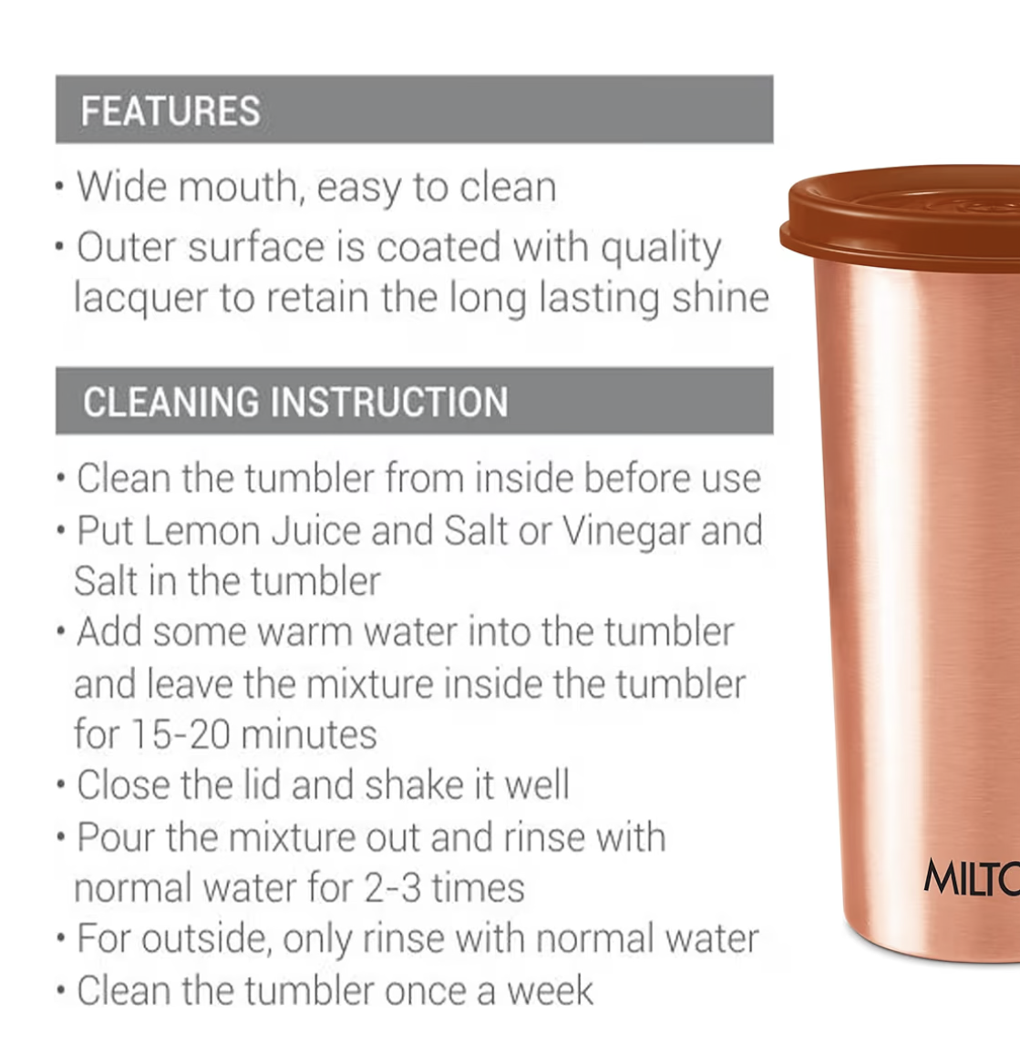 MILTON Copper Drinking Water Tumbler with Lid, 1 Piece, 480 ml, Copper | 100% Leak Proof