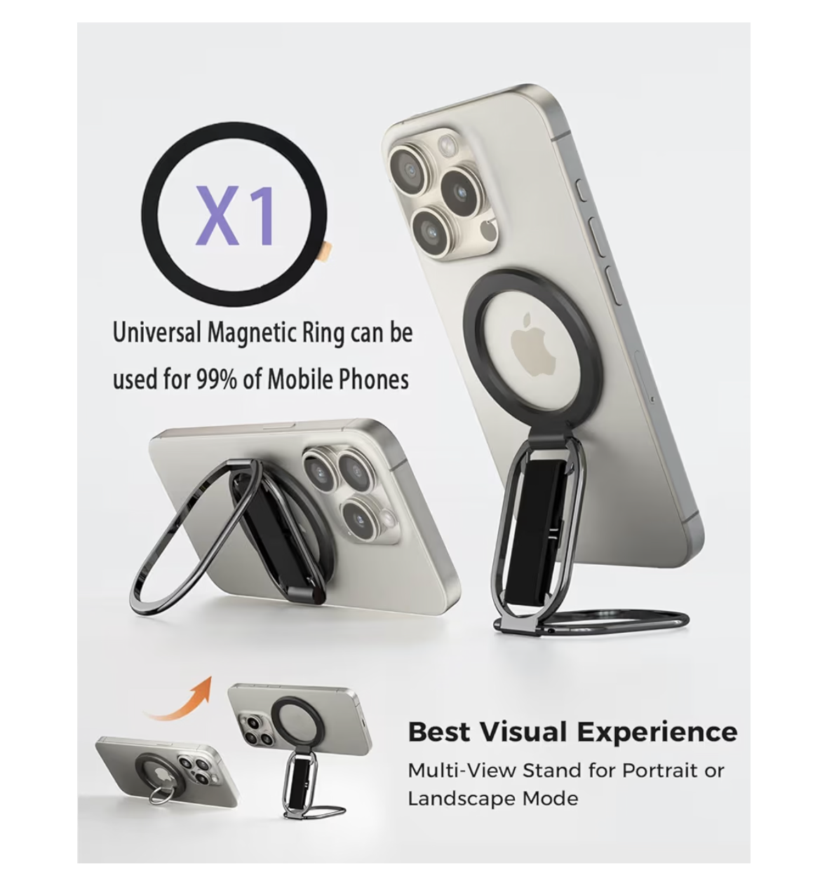 PFUTURE for MagSafe Phone Grip Kickstand for iPhone 16/15/14/13/12 Series, 4-in-1 Finger Loop Strap with a Universal Magnetic Ring, Compatible with MagSafe, Phone Ring Holder Stand
