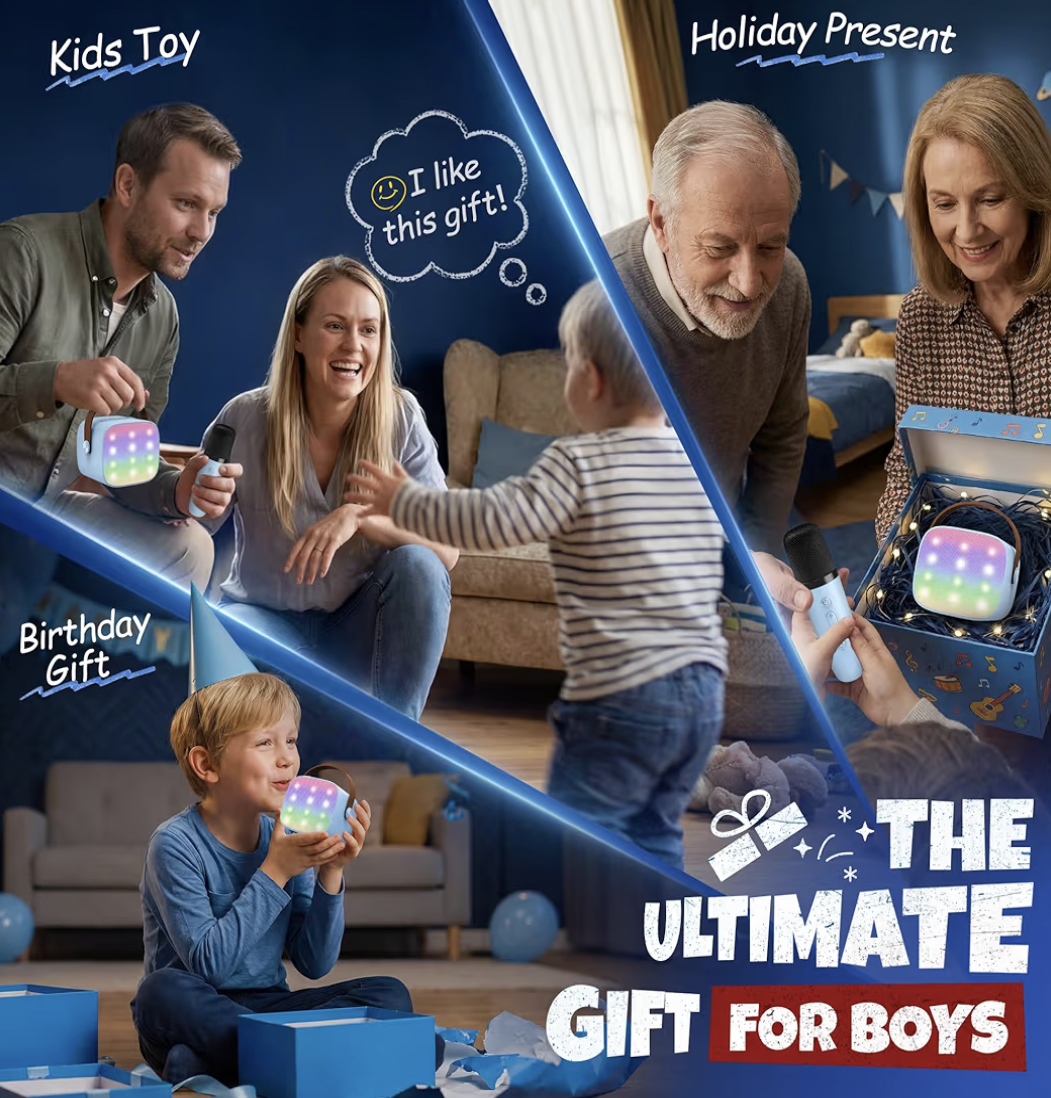 Karaoke Machine for Kids, Portable Bluetooth Speaker with 2 Wireless Microphones,18 Pre-Loaded Songs, Birthday for 3 4 5 6 7 8 + Year Old Boys Toys - MULTICOLOR