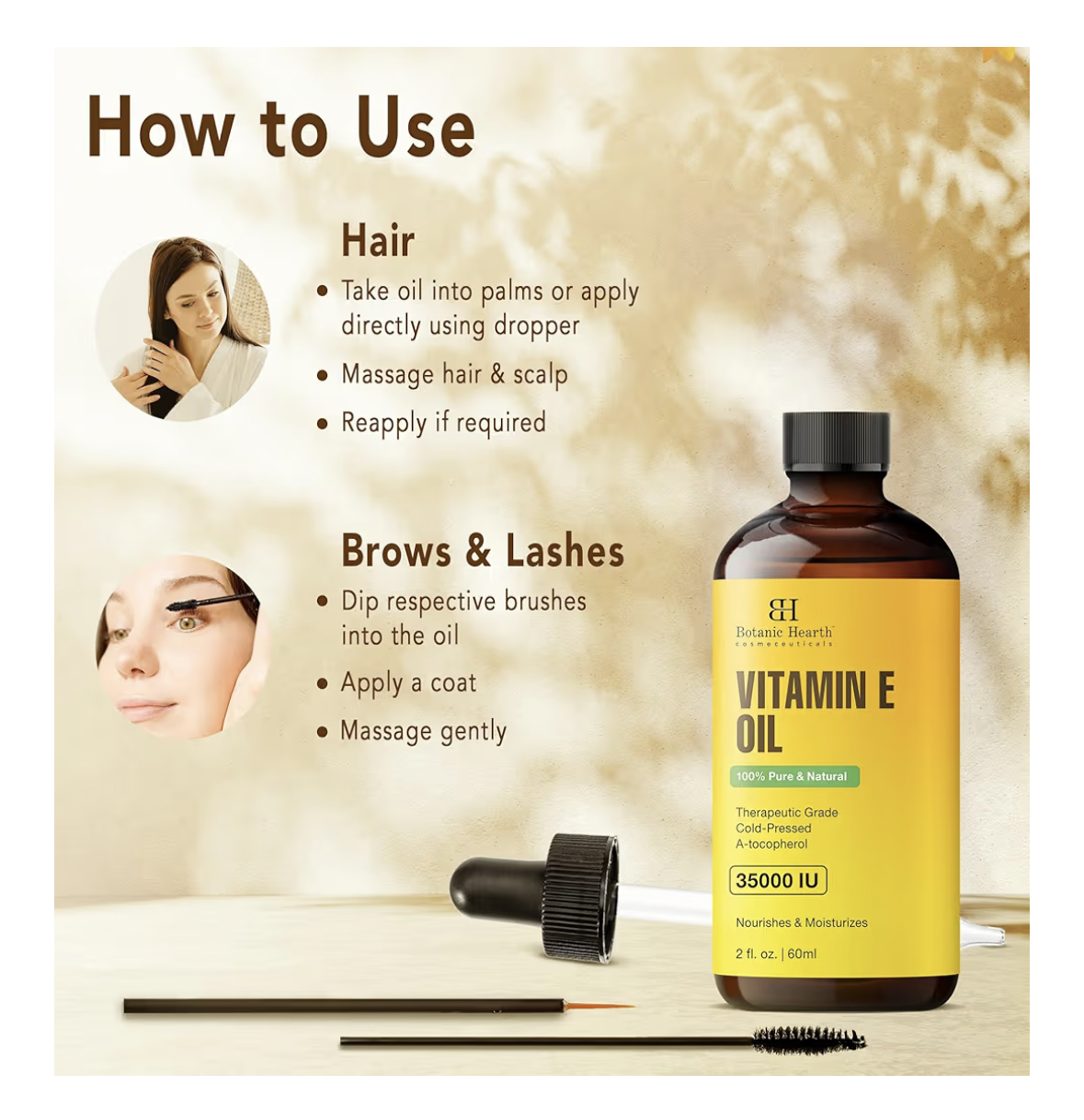 Botanic Hearth Vitamin E Oil | 100% Pure And Natural Oil For Growth Of Nails, Hair, Eyebrows & Eyelashes | 35,000 Iu | Hair & Body Oil With Eyebrow & Eyelash Brush|