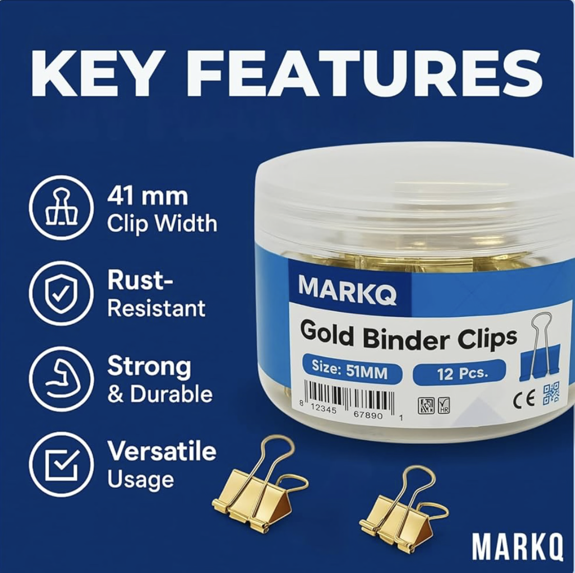 MARKQ Gold Binder Clips – Durable Metal Foldback Paper Clamps, Strong Office & School Paper Clips for Documents, Notes, and Home Organization, X-Large 51mm - Pack of 12