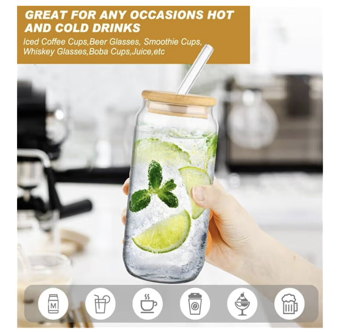 SKY-TOUCH 2 Pcs 550ml Glass Cups with Bamboo Lids and Straws, Clear Iced Coffee Glasses Set, Cute Aesthetic Reusable Drinking Tumblers with Cleaning Brush for Tea, Coffee, Smoothie, Soda
