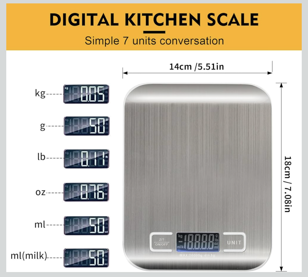 SKY-TOUCH Digital Kitchen Scale, Multifunction Food Scale With LCD Display Stainless Steel Platform, High Accuracy, Ultra Slim,Tare Function