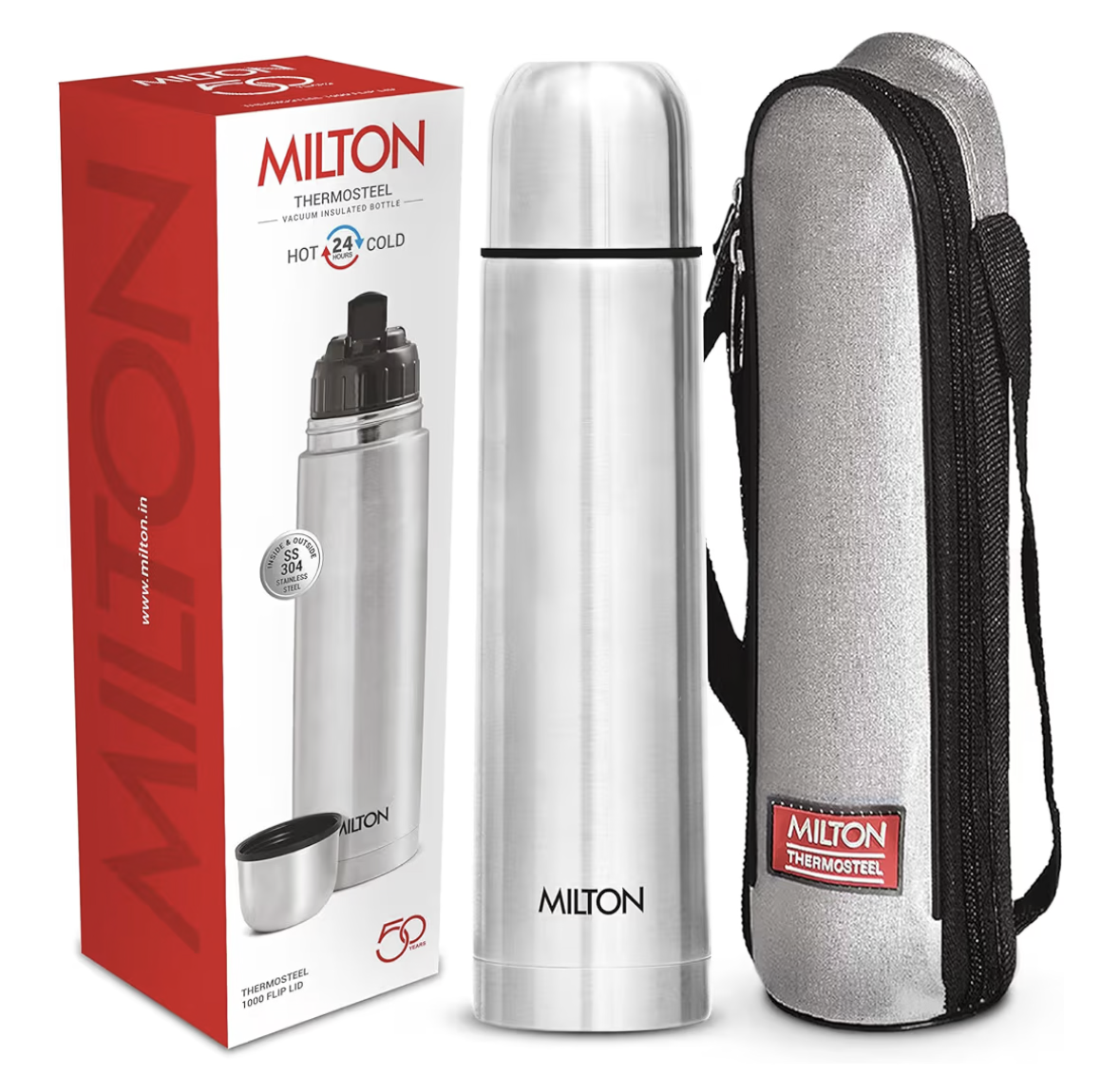 Milton Thermosteel Flip Lid 1000, Double Walled Vacuum Insulated Thermos 1000 ml | 34 oz | 1 Ltr | 24 Hours Hot and Cold Water Bottle with Cover, Stainless Steel, BPA Free,Leak Proof | Silver