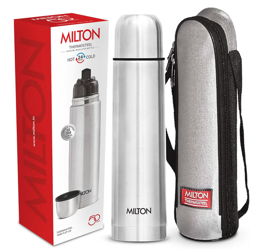 Milton Thermosteel Flip Lid 1000, Double Walled Vacuum Insulated Thermos 1000 ml | 34 oz | 1 Ltr | 24 Hours Hot and Cold Water Bottle with Cover, Stainless Steel, BPA Free,Leak Proof | Silver