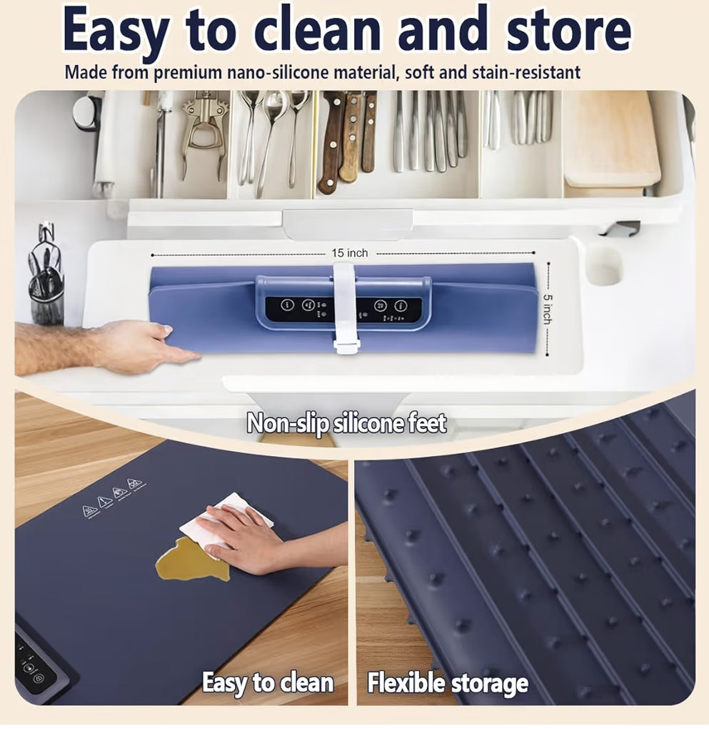 Food Warming Tray Electric Warming Mat with 3 Temperature Settings and Timer, Portable Roll Up Heating Mat Foldable Silicone Party Essential Hot Plate (blue)