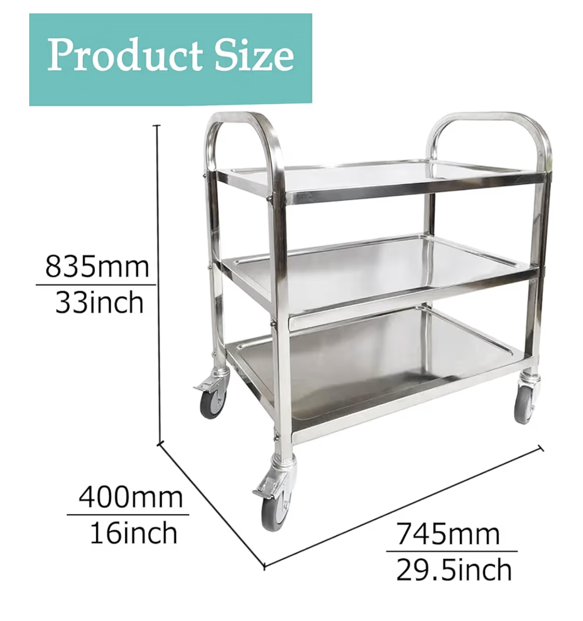 ITINA 3 Tier Stainless Steel Utility Cart with Locking Wheels L75x W40x H83.5cm 150kg Total Load Capacity Kitchen Island Trolley Catering Storage Cart for Kitchen Restaurant Hotel Cafe Home