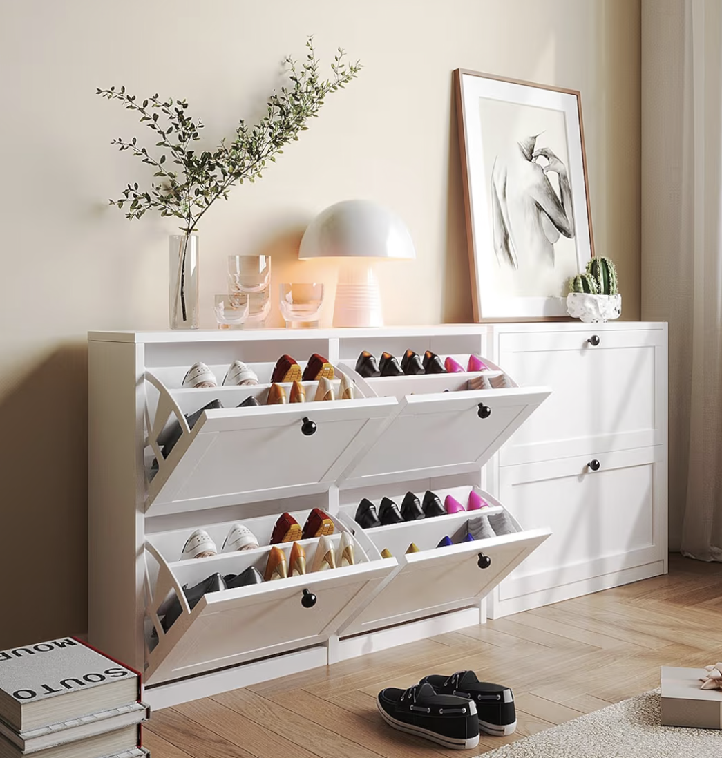 VOWNER Shoe Cabinet with 4 Flip Drawers, Shoes Storage Freestanding Shoes Organizer, Space-Saving Slim Narrow Shoe Rack Cabinet for Entryway, Foyer, Hallway