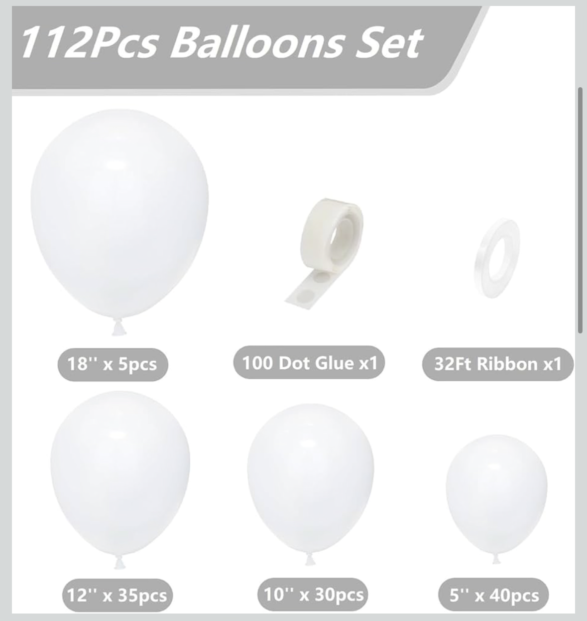 White Balloons 110 PCS, White Balloon Garland Arch Kit Different Sizes 5 10 12 18 Inch White Latex Balloon Arch Kit for Wedding Bridal Shower Engagement Anniversary Birthday Party Decorations