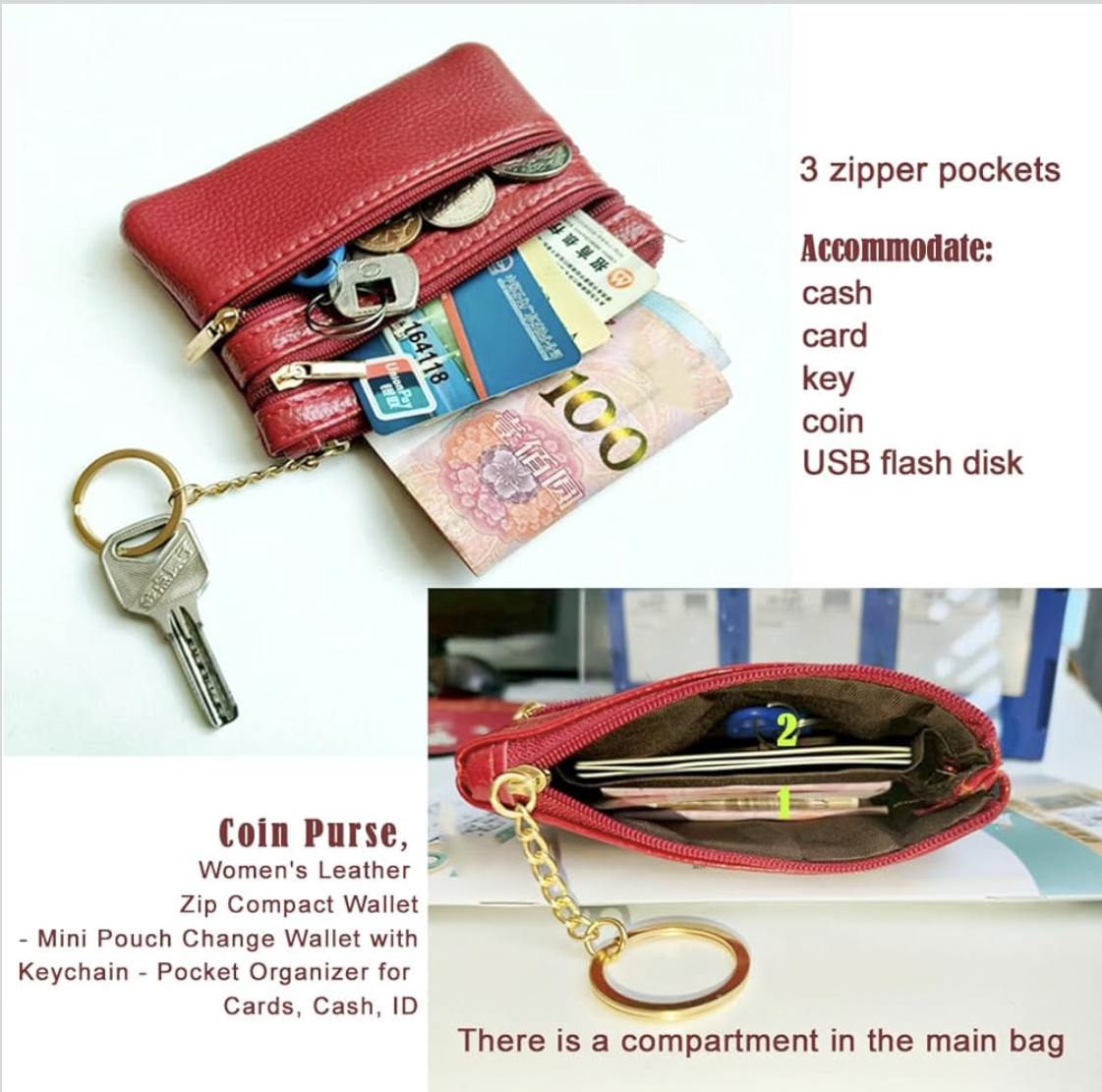 Coin Purse, Women'S Leather Zip Compact Wallet - Mini Pouch Change With Keychain Pocket Organizer For Cards, Cash, Id, Red, Purse