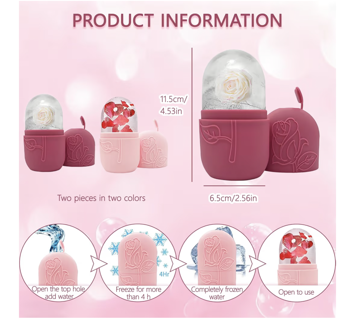 2PCS Ice Cube Roller Massager for Face, Eyes & Neck, Skin Care Tool, De-Puffing Eye Bags, Migraine Relief, Reusable Ice Mold for Face Massage (Rose Red & Pink)