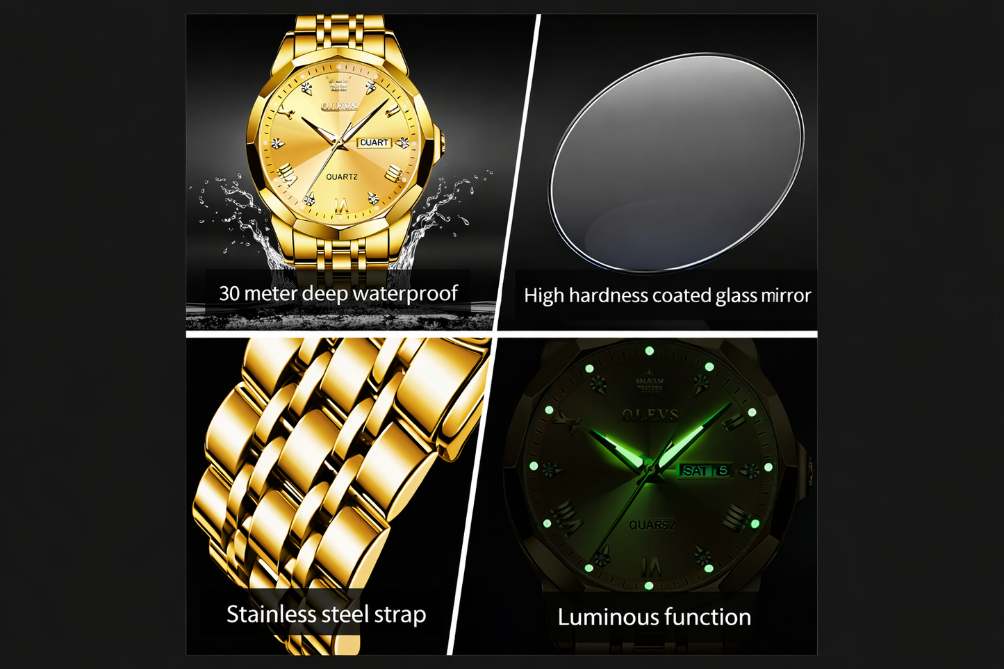 OLEVS Watch for Men Diamond Business Dress Analog Quartz Stainless Steel Waterproof Luminous Date Two Tone Luxury Casual Wrist Watch