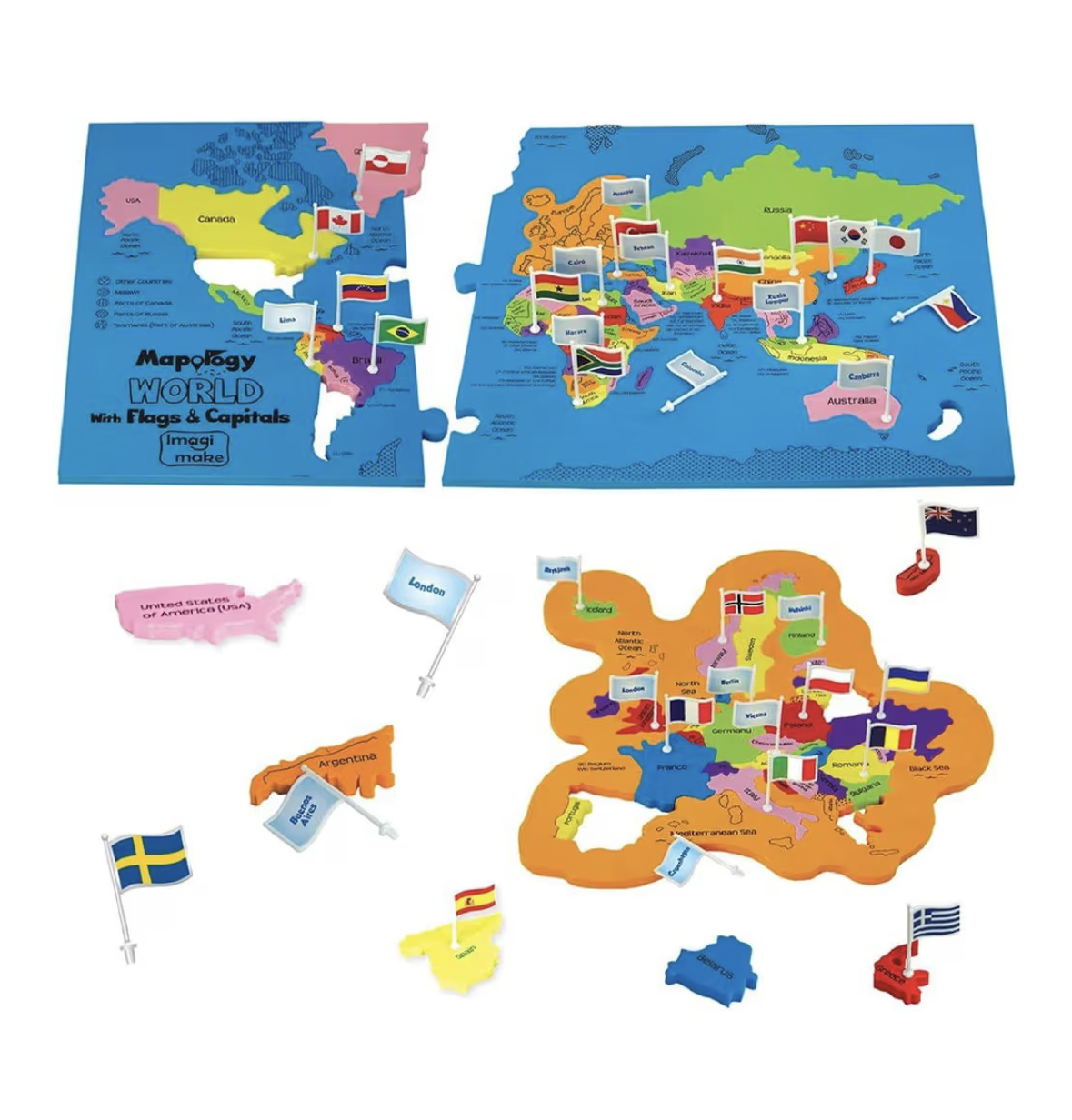 Imagimake Mapology أحجية خريطة العالم مع أعلام الدول والعواصم للأطفال من 5 سنوات فما فوق | أحاجي الصور المقطوعة على شكل دول | ألعاب تعليمية وجغرافية للأولاد والبنات |