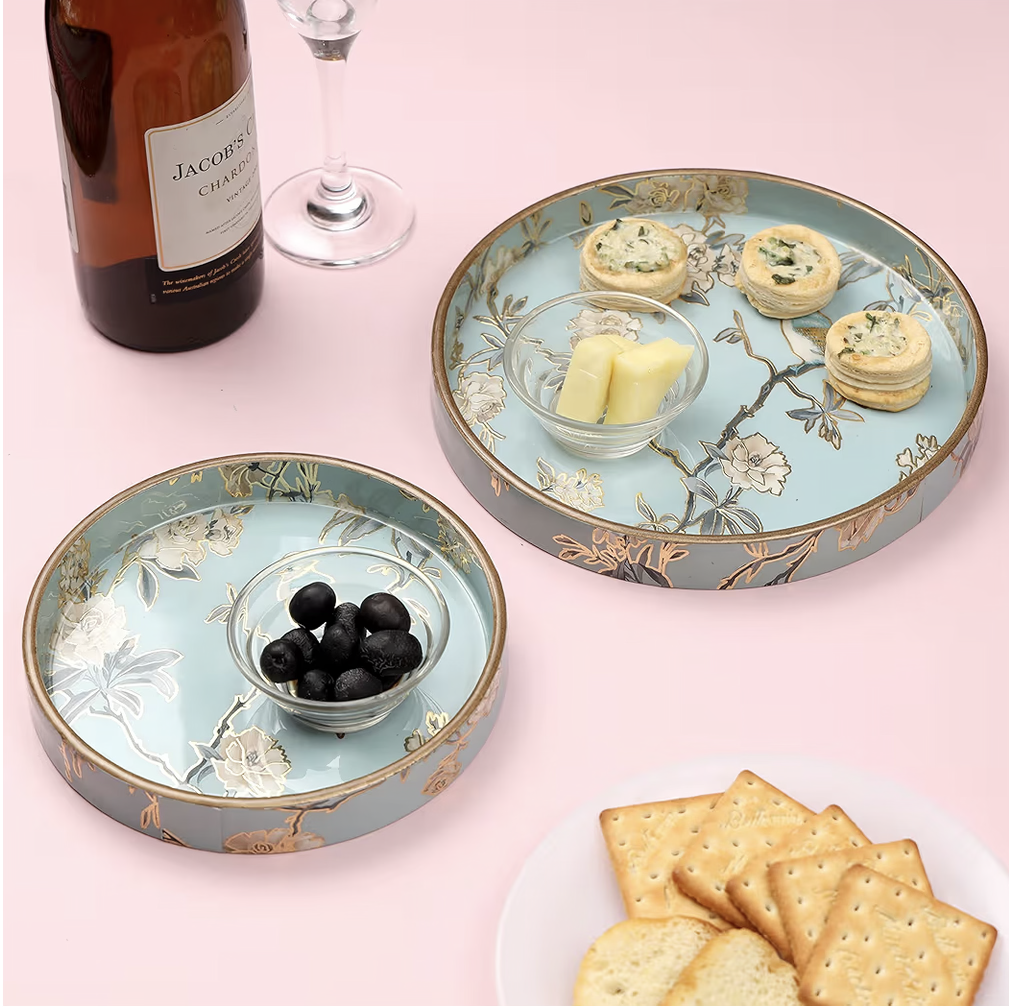 DULI Set of 2 MDF Wood Trays Enamel Coated| Round Wooden Serving Trays | Kitchen&Dining Decorative | Resin Tray | Handmade | 7x7 & 9x9 inches (Setof2Round: AquaGoldBirds)