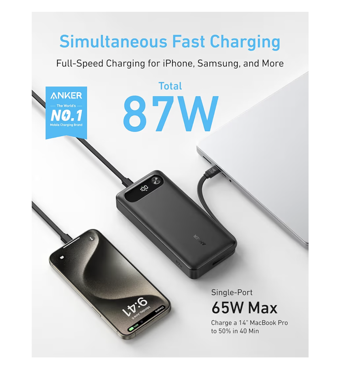Anker Power Bank 20,000 mah Portable Charger with Built-In USB-C Cable, 87W Max Fast Charging Battery Pack, For MacBook, iPhone 17/16 Series, Samsung, Switch, and More